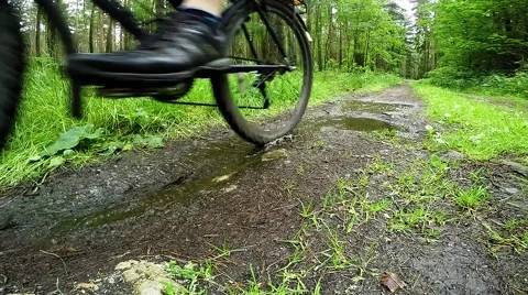 Biker on bicycle riding on muddy forest track. Video stock 63404121