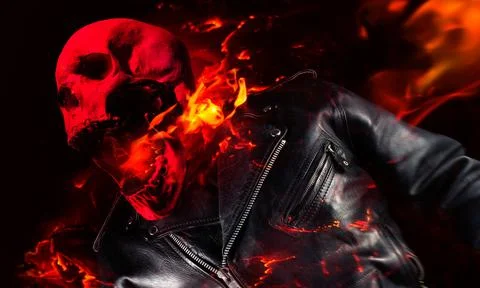 Biker demon skeleton in leather jacket screaming fire. Foto stock