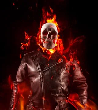 Biker demon skeleton in leather jacket standing fire. Stock Photos