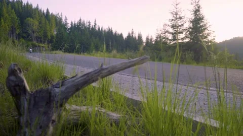 Biker drives motorcycle chopper on empty mountain road road in the morning Stock Footage 150617383