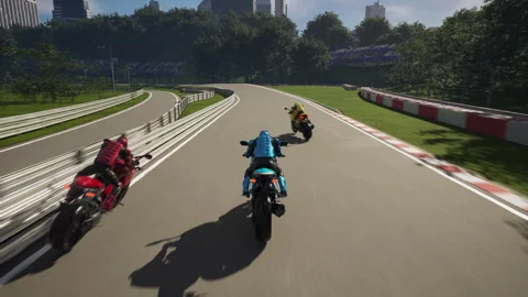 Biker driving a quick racing motorcycle on the virtual track of a pc simulator Stock Footage 288119832