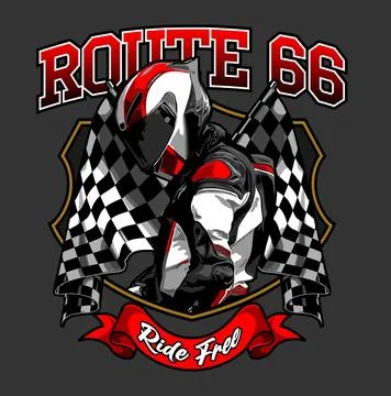 Biker with helmet on checkered flag background Stock Illustration