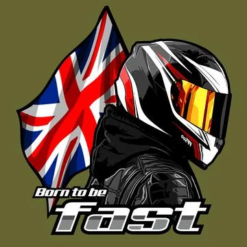 Biker with helmet flow pattern British flag background Stock Illustration
