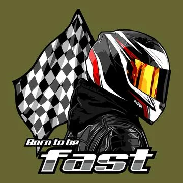 Biker with helmet flow pattern checkered flag background Stock Illustration