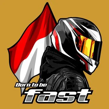 A biker with a helmet with a flow pattern on the Indonesian flag background Stock Illustration