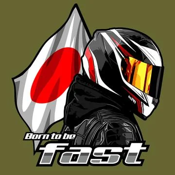 A biker with a helmet with a flow pattern on the japan flag background Stock Illustration