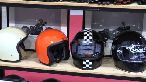 Biker helmets leather gloves and accessories store Stock Footage 91738411