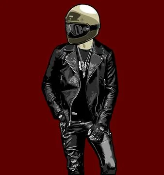 Biker in leather jacket using full face helmet Stock Illustration