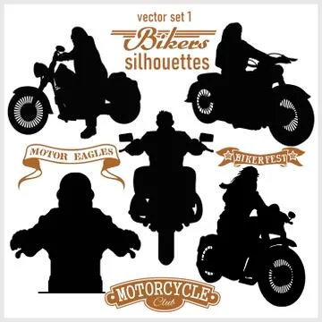 Biker, motorcycle vector silhouettes - vector set, retro emblem and label Stock Illustration