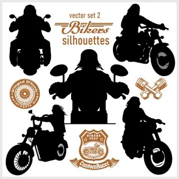 Biker, motorcycle vector silhouettes - vector set, retro emblem and label Stock Illustration