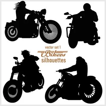Biker, motorcycle vector silhouettes - vector set, retro emblem and label Stock Illustration