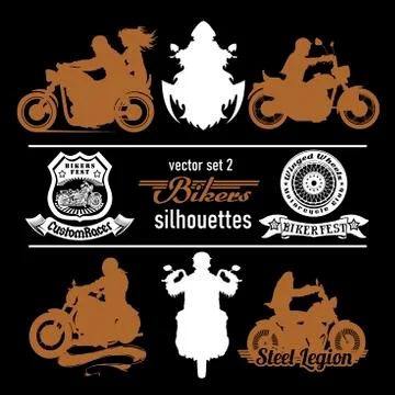 Biker, motorcycle vector silhouettes - vector set, retro emblem and label Stock Illustration