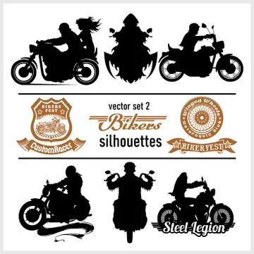 Biker, motorcycle vector silhouettes - vector set, retro emblem and label Stock Illustration