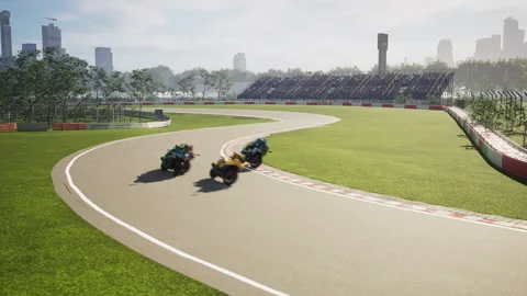 Biker player overtaking the rival motorcycles to win a competitive virtual race Stock Footage 303571492