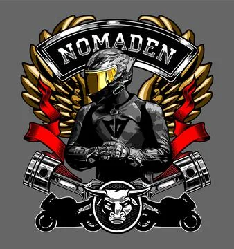 Biker with wings between two pistons Stock Illustration