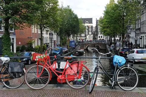 Bikes on the bridge in Amsterdam Stock Photos