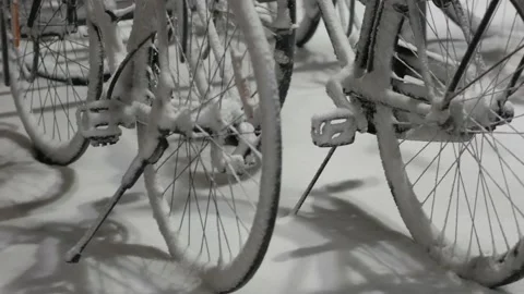 Bikes covered with fresh snow Stock Footage 148566920