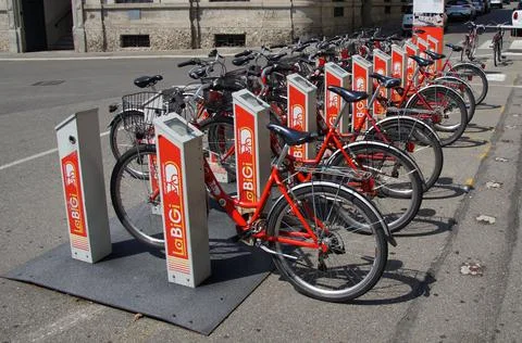 Bikes docked at a ''La BiGi'' Stock Photos