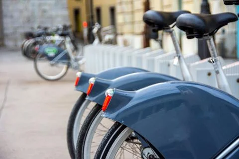 Bikes lined up ready for the renting Stock Photos