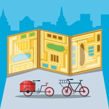 Bikes for logistic service with map Stock Illustration