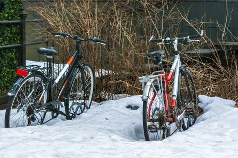 Bikes in the snow. Stock Photos