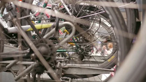 Bikes on an urban bike rack. Stock Footage