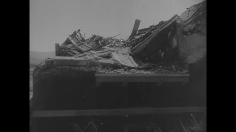 Bikini Atoll 1940s: Interior of a bombed concrete building with collapsed Stock Footage 344295989