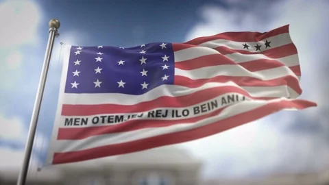 Bikini Atoll Flag Waving Slow Motion 3D Rendering Blue Sky Background - Sea.. Stock Footage 74861357