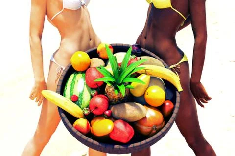 Bikini beauties and fruits basket on the tropical island Stock Illustration