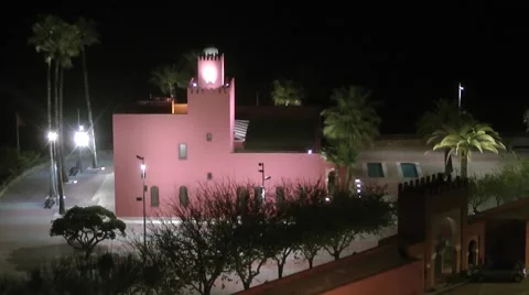Bil Bil castle night artificial light palm trees red walls Stock Footage 48641300