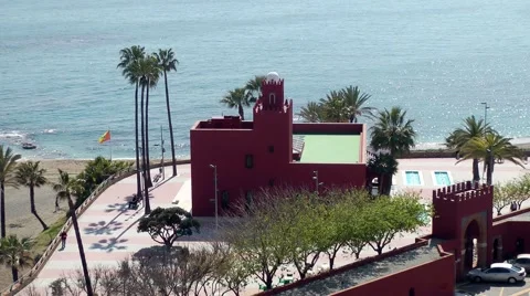 Bil Bil castle red walls sea high viewpoint architecture Andalucia Stock Footage 48600763
