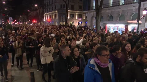 BILBAO, SPAIN; MARCH 08 2018: Women’s Day demonstration and street protests Stock Footage 329832264