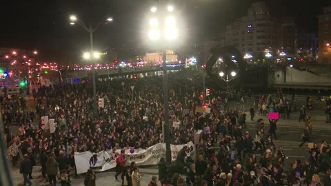 BILBAO, SPAIN; MARCH 08 2018: Women’s Day demonstration and street protests Stock Footage 329832275