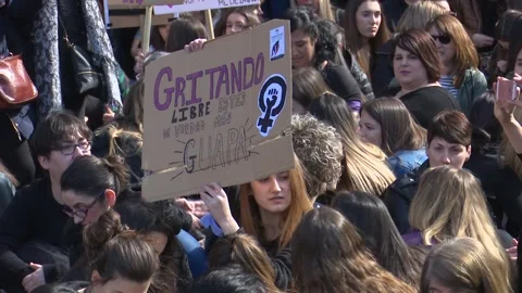 BILBAO, SPAIN; MARCH 08 2018: Women’s Day demonstration and street protests Stock Footage 329832276