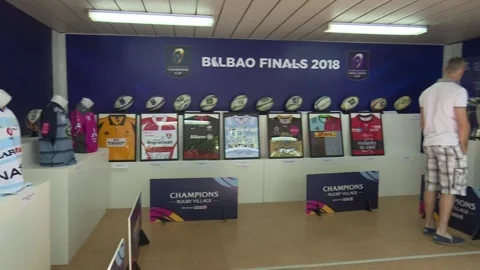 BILBAO, SPAIN; MAY 11 2018: Rugby jerseys at bilbao finals championship event 스톡 동영상 335467435