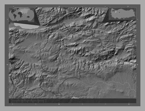 Bilecik, Turkiye. Bilevel elevation map with lakes and rivers イラスト素材