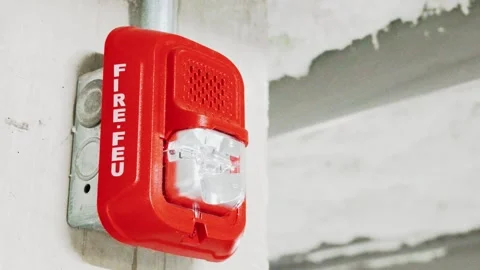 Bilingual Fire Alarm Horn Strobe Mounted on Concrete Wall Stock Footage 344881669