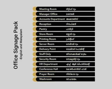 Bilingual office signage vector pack in English and Malayalam Stock Illustration