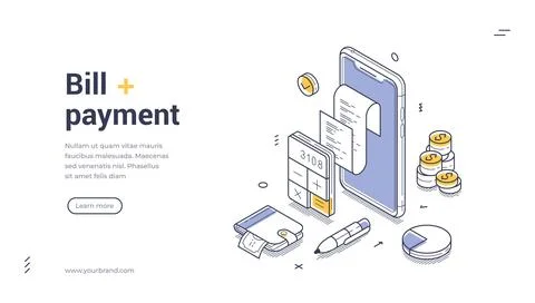 Bill payment process illustrated in isometric line art for web banner Stock Illustration