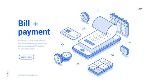 Bill payment process illustrated in a modern isometric style for digital tr.. Illustrazione stock