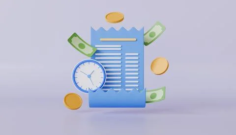 Bill receipt with alarm clock for payment transaction, business invoice paper Ilustración de archivo