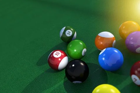 Billard Pool Balls on the Green Cloth material Table 3D Rendered Illustration Illustrazione stock