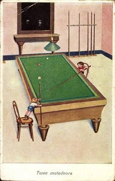 Billard, Twee matadoors, Queue, Kinder *** Billiards, Twee matadoors, Cue,... Stock Photos
