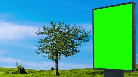 Billboard green screen on the background of a tree on a green meadow Vídeos de archivo 97756736