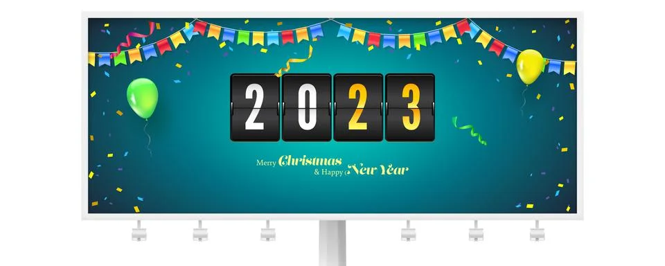 Billboard with mechanical timer countdown to 2023 New Year. Carnival background Stock Illustration