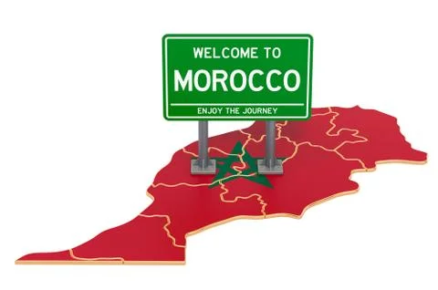 Billboard Welcome to Morocco on Moroccan map, 3D rendering Stock Illustration