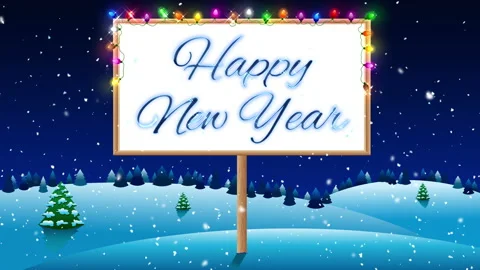 Billboard on winter night with Christmas lights and text Happy New Year Stock Footage