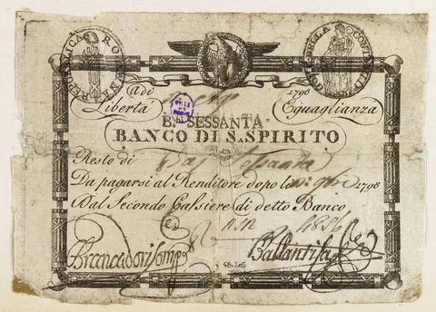Billet de Banco di S. Spirito , Baiocchi Sixty, n Â° 4856, 1798 Ticket fro. Stock Photos