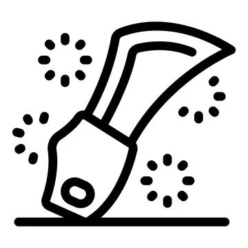 Billhook touching the ground with sparkles around, line art icon of a hand to Stock Illustration