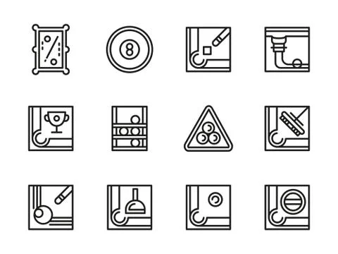 Billiard accessories black line vector icons set Stock Illustration